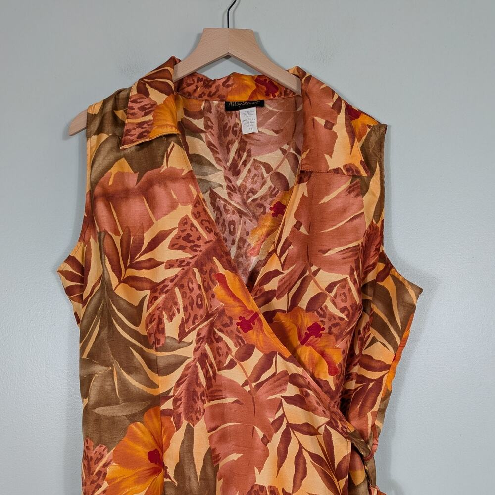 Vintage Ashley Steward Tropical Wrap Dress 18 Orange Midi Floral Sleeveless Luau - Picture 2 of 7